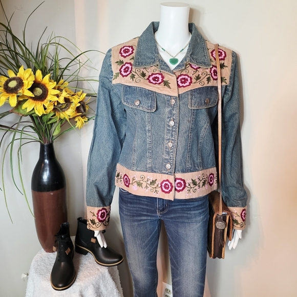 Vintage Jackets & Blazers - Vintage Dorman Burns Cowgirl Embroidered Denim Jacket Floral Western Boho